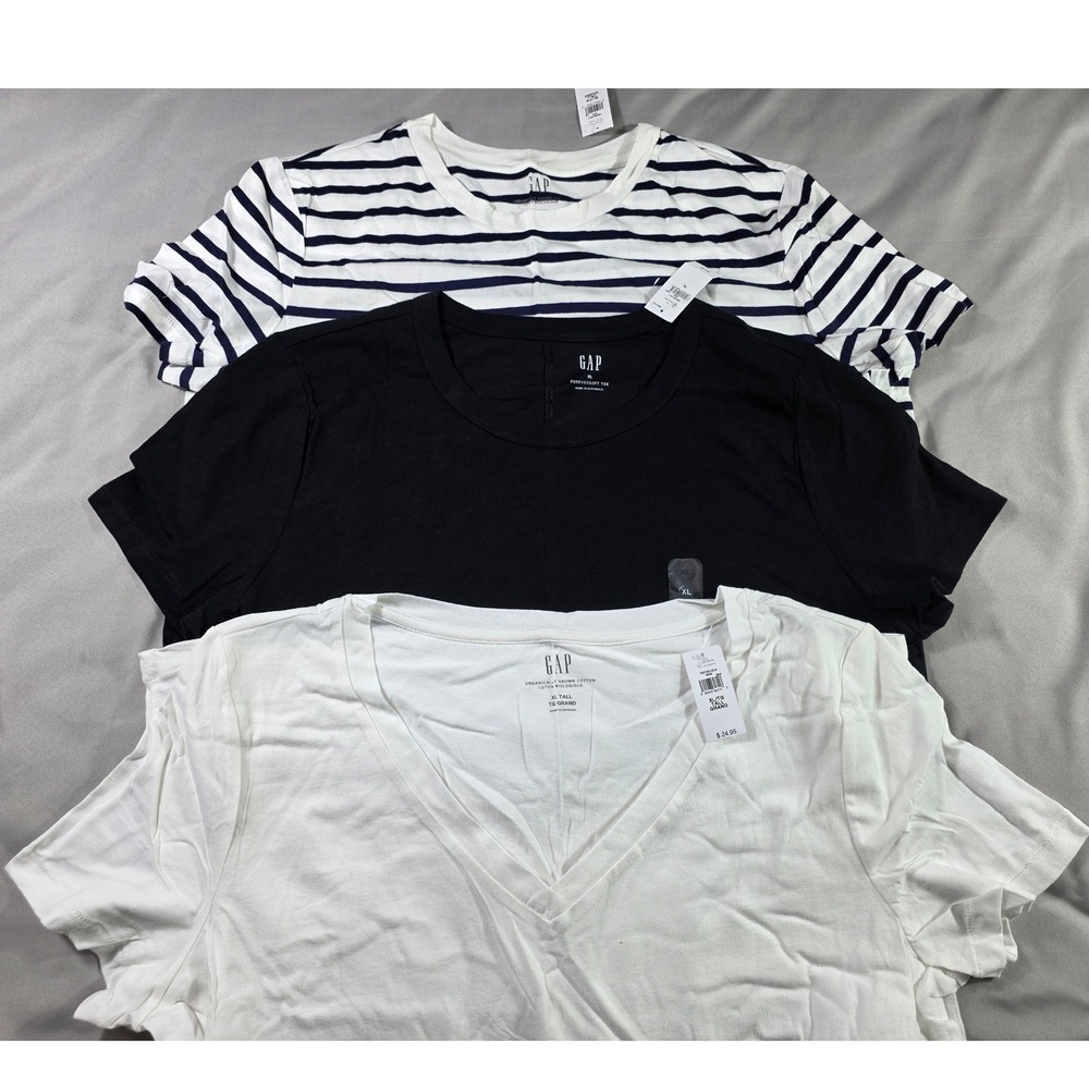 Gap T-Shirt Bundle 3 Pack Women XL Tall Black White Navy Striped Cotton NEW